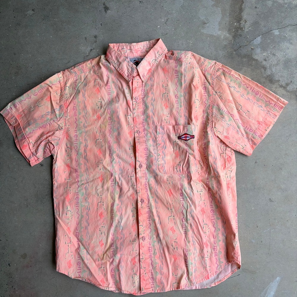 Vintage Gotcha Mens Salmon Pink Acid Wash Tribal Print Short Sleeve Shirt Medium